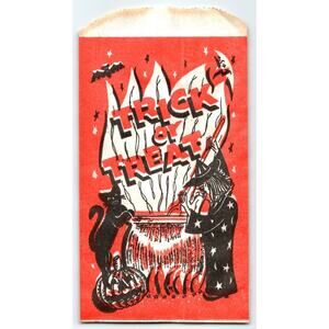 Halloween Vintage Trick Or Treat Goodie Bag Witch Stirs Cauldron Moon Bats Cat